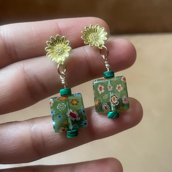 Jewelry - Daisy earrings w green Italian millefiori glass beads and malachite beads post